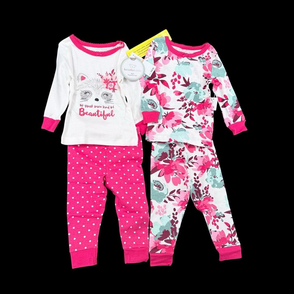 New Koala Kids Pajama Set Girls 12M 4 Pc Floral Cat Polka Dot Pink